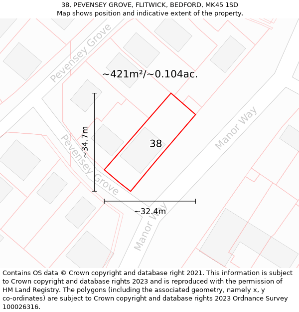 38, PEVENSEY GROVE, FLITWICK, BEDFORD, MK45 1SD: Plot and title map