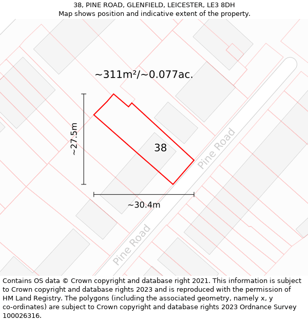 38, PINE ROAD, GLENFIELD, LEICESTER, LE3 8DH: Plot and title map