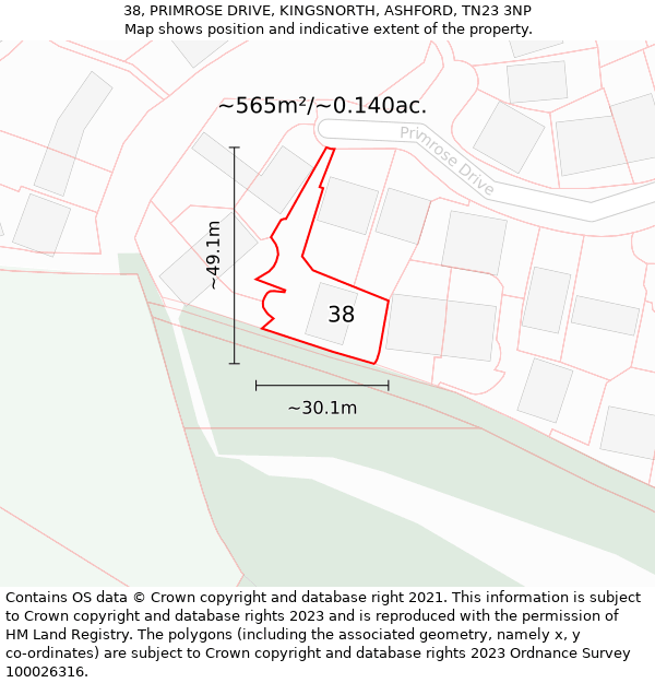 38, PRIMROSE DRIVE, KINGSNORTH, ASHFORD, TN23 3NP: Plot and title map
