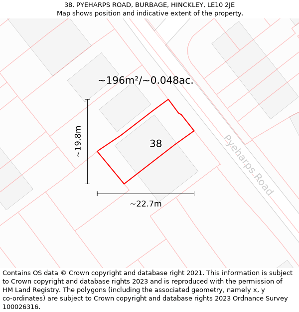 38, PYEHARPS ROAD, BURBAGE, HINCKLEY, LE10 2JE: Plot and title map