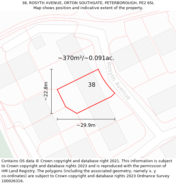 38, ROSYTH AVENUE, ORTON SOUTHGATE, PETERBOROUGH, PE2 6SL: Plot and title map