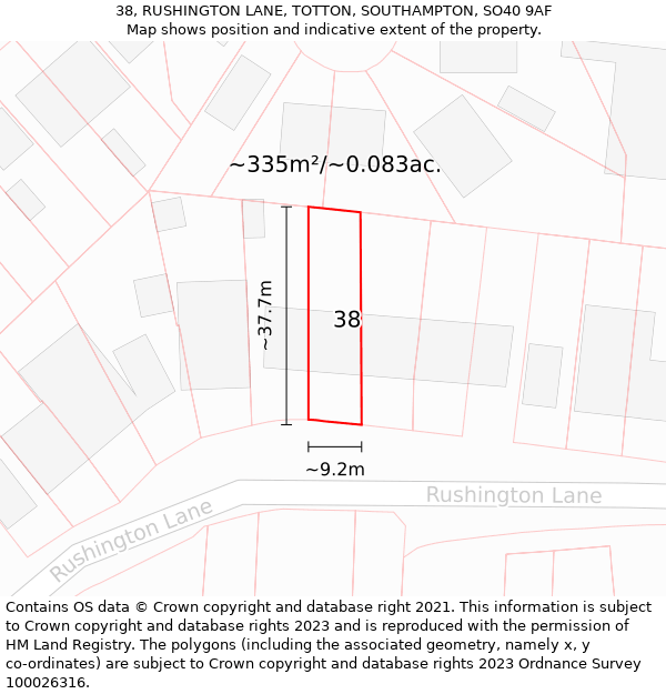 38, RUSHINGTON LANE, TOTTON, SOUTHAMPTON, SO40 9AF: Plot and title map