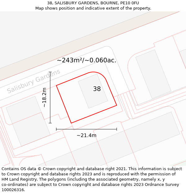 38, SALISBURY GARDENS, BOURNE, PE10 0FU: Plot and title map