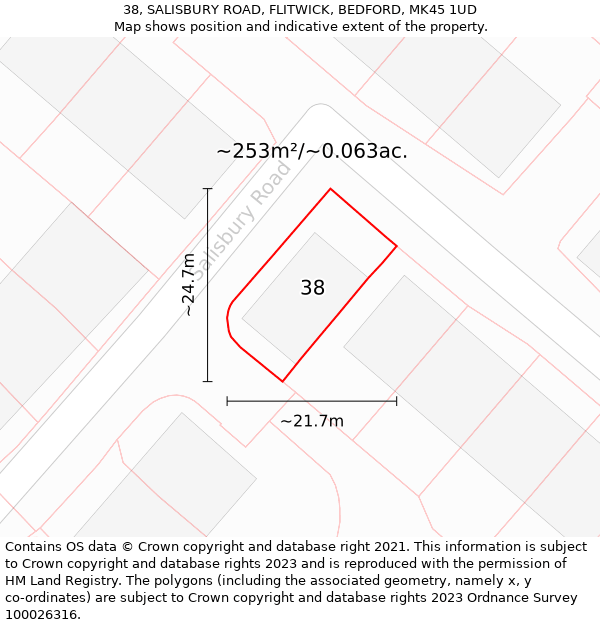 38, SALISBURY ROAD, FLITWICK, BEDFORD, MK45 1UD: Plot and title map