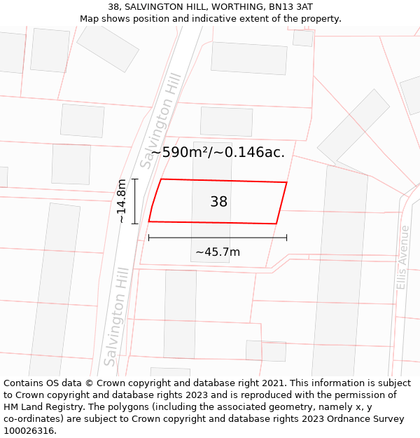 38, SALVINGTON HILL, WORTHING, BN13 3AT: Plot and title map