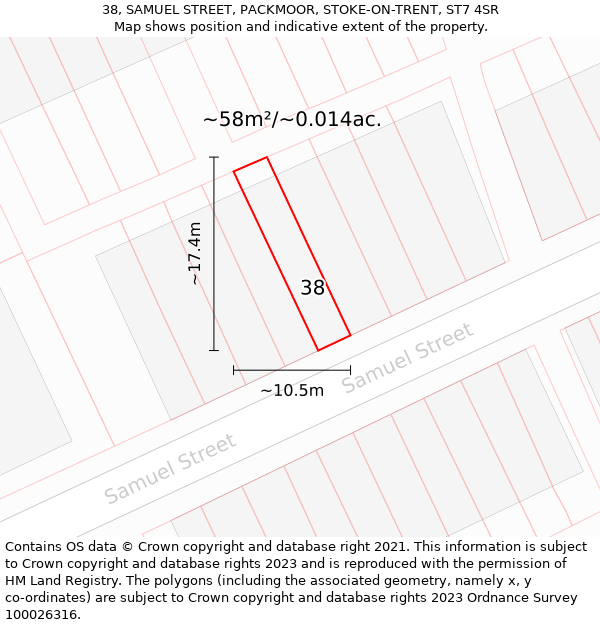 38, SAMUEL STREET, PACKMOOR, STOKE-ON-TRENT, ST7 4SR: Plot and title map