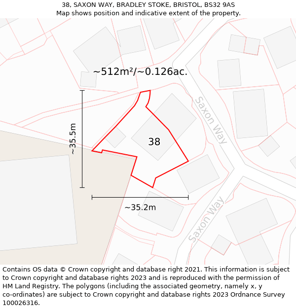 38, SAXON WAY, BRADLEY STOKE, BRISTOL, BS32 9AS: Plot and title map