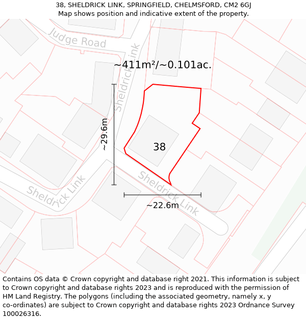 38, SHELDRICK LINK, SPRINGFIELD, CHELMSFORD, CM2 6GJ: Plot and title map