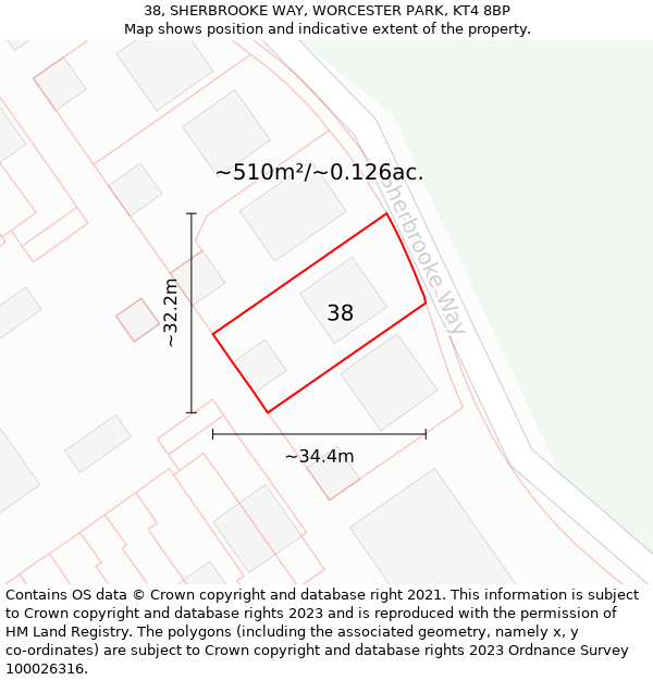 38, SHERBROOKE WAY, WORCESTER PARK, KT4 8BP: Plot and title map