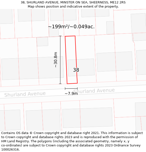 38, SHURLAND AVENUE, MINSTER ON SEA, SHEERNESS, ME12 2RS: Plot and title map
