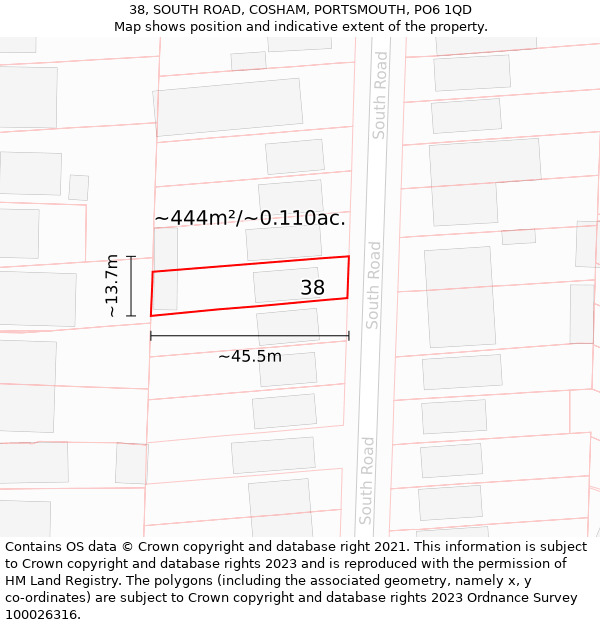 38, SOUTH ROAD, COSHAM, PORTSMOUTH, PO6 1QD: Plot and title map