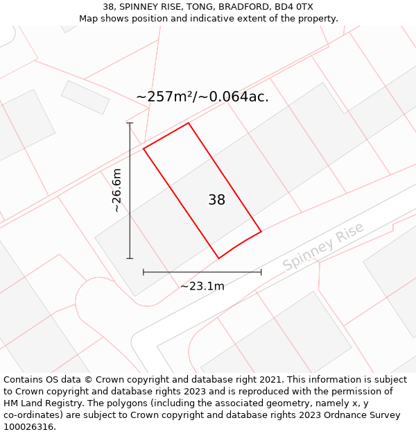 38, SPINNEY RISE, TONG, BRADFORD, BD4 0TX: Plot and title map