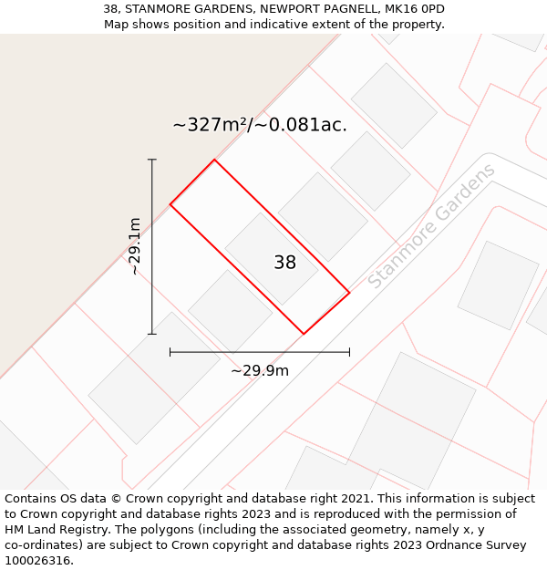 38, STANMORE GARDENS, NEWPORT PAGNELL, MK16 0PD: Plot and title map