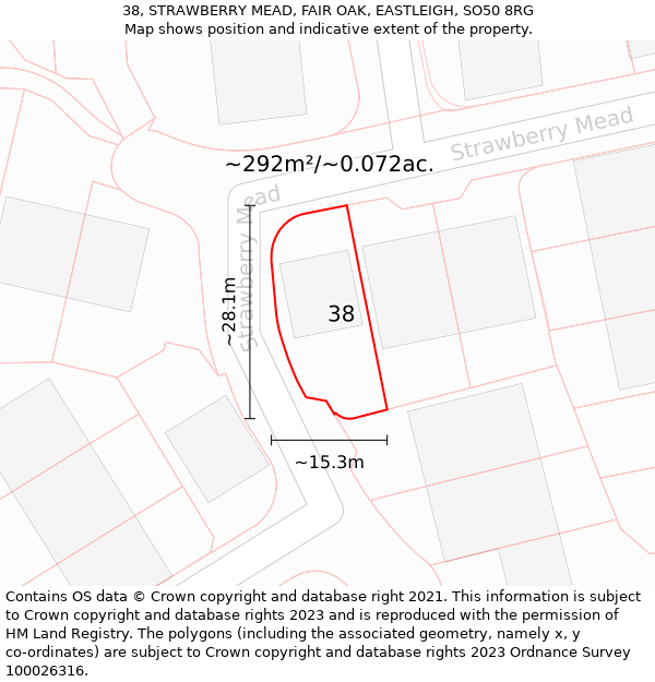 38, STRAWBERRY MEAD, FAIR OAK, EASTLEIGH, SO50 8RG: Plot and title map