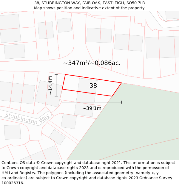 38, STUBBINGTON WAY, FAIR OAK, EASTLEIGH, SO50 7LR: Plot and title map