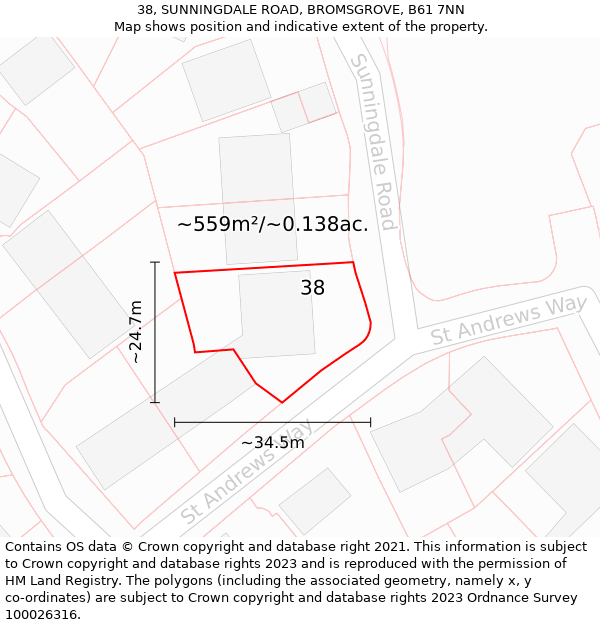 38, SUNNINGDALE ROAD, BROMSGROVE, B61 7NN: Plot and title map