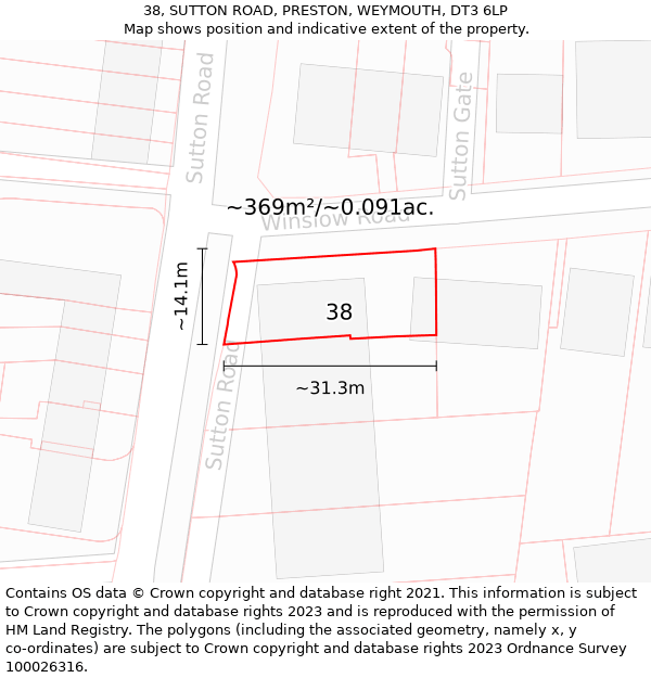 38, SUTTON ROAD, PRESTON, WEYMOUTH, DT3 6LP: Plot and title map