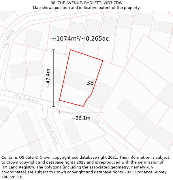 38, THE AVENUE, RADLETT, WD7 7DW: Plot and title map