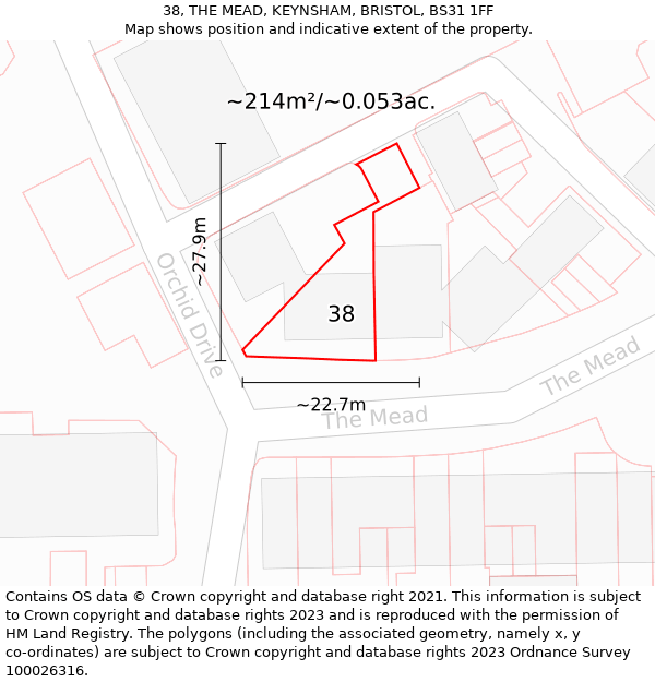 38, THE MEAD, KEYNSHAM, BRISTOL, BS31 1FF: Plot and title map