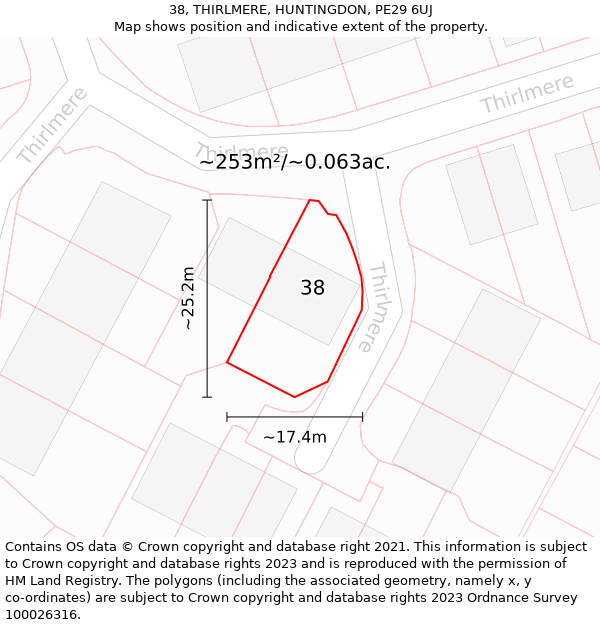 38, THIRLMERE, HUNTINGDON, PE29 6UJ: Plot and title map