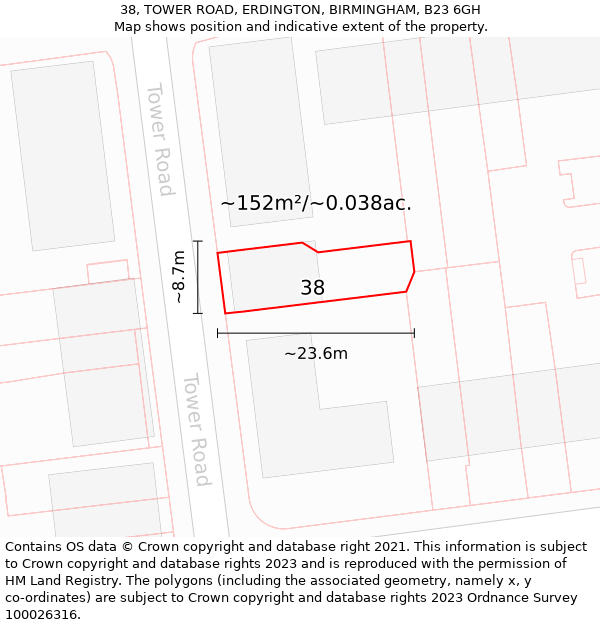 38, TOWER ROAD, ERDINGTON, BIRMINGHAM, B23 6GH: Plot and title map