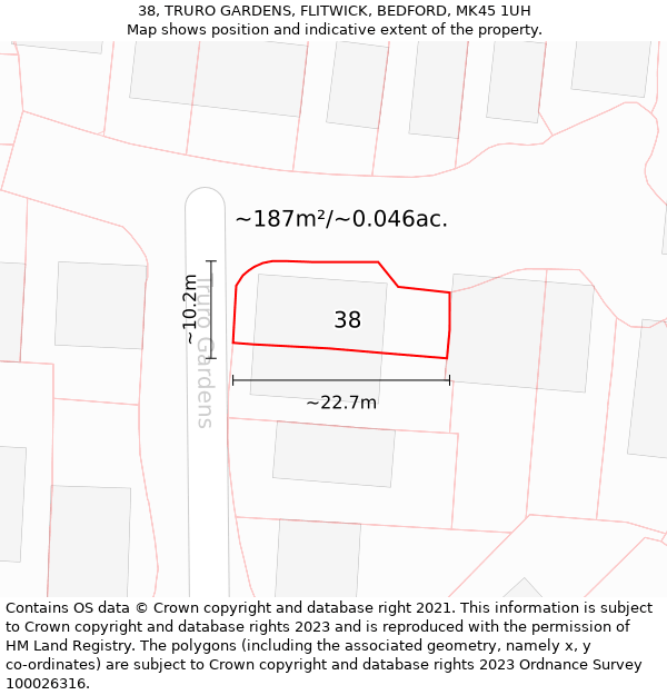 38, TRURO GARDENS, FLITWICK, BEDFORD, MK45 1UH: Plot and title map