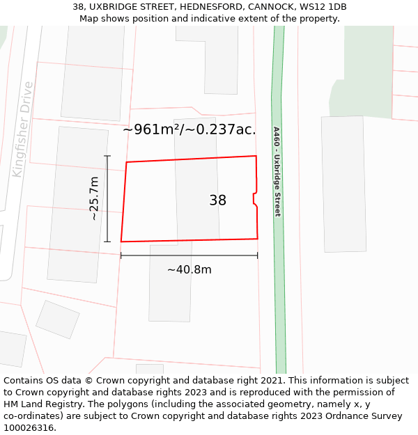 38, UXBRIDGE STREET, HEDNESFORD, CANNOCK, WS12 1DB: Plot and title map