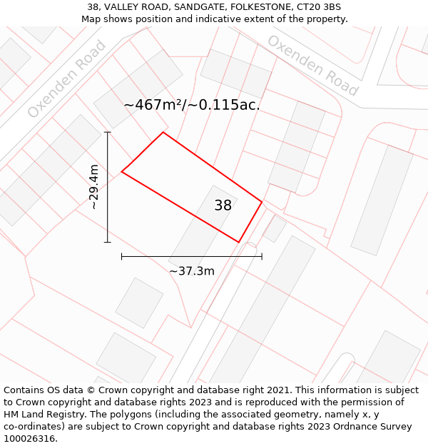 38, VALLEY ROAD, SANDGATE, FOLKESTONE, CT20 3BS: Plot and title map