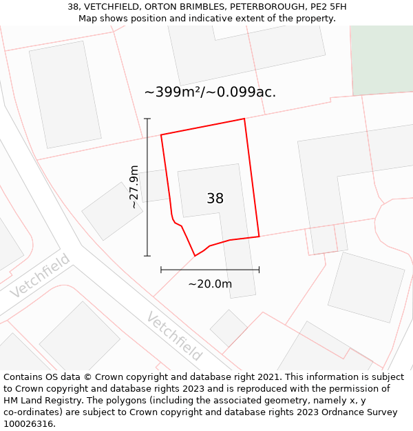 38, VETCHFIELD, ORTON BRIMBLES, PETERBOROUGH, PE2 5FH: Plot and title map