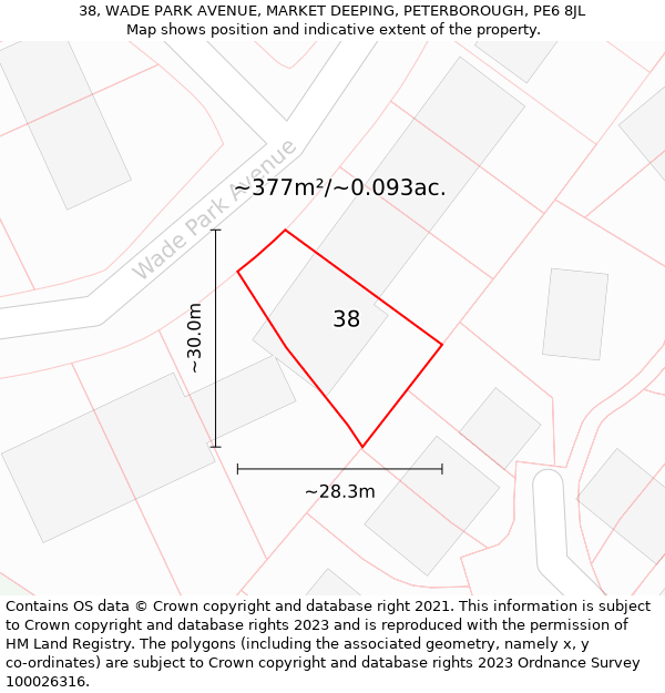 38, WADE PARK AVENUE, MARKET DEEPING, PETERBOROUGH, PE6 8JL: Plot and title map