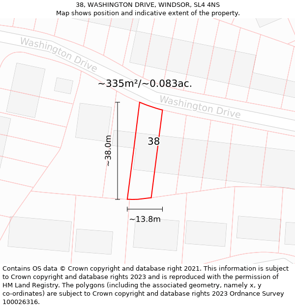 38, WASHINGTON DRIVE, WINDSOR, SL4 4NS: Plot and title map