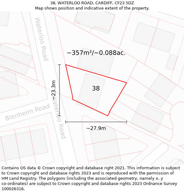 38, WATERLOO ROAD, CARDIFF, CF23 5DZ: Plot and title map