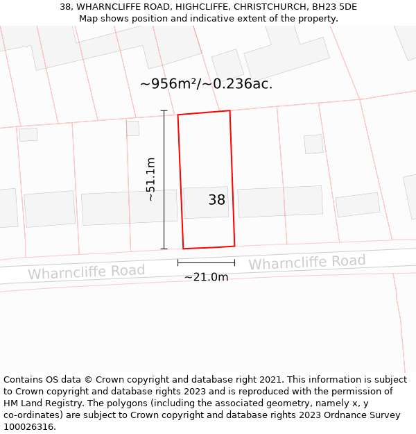 38, WHARNCLIFFE ROAD, HIGHCLIFFE, CHRISTCHURCH, BH23 5DE: Plot and title map