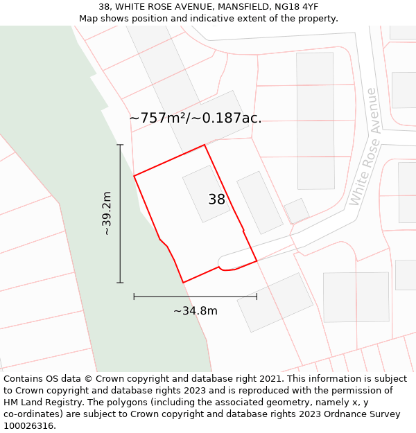 38, WHITE ROSE AVENUE, MANSFIELD, NG18 4YF: Plot and title map