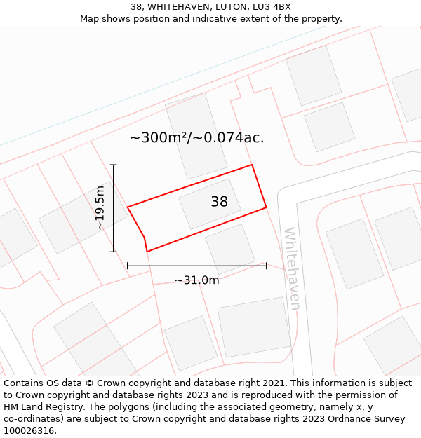 38, WHITEHAVEN, LUTON, LU3 4BX: Plot and title map