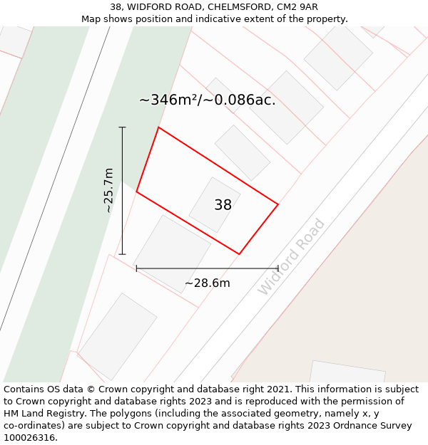 38, WIDFORD ROAD, CHELMSFORD, CM2 9AR: Plot and title map