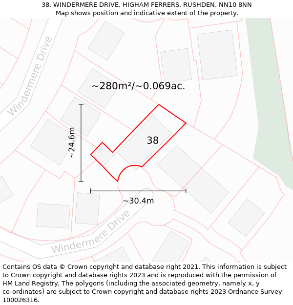 38, WINDERMERE DRIVE, HIGHAM FERRERS, RUSHDEN, NN10 8NN: Plot and title map