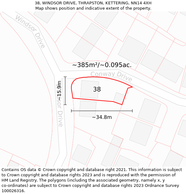 38, WINDSOR DRIVE, THRAPSTON, KETTERING, NN14 4XH: Plot and title map