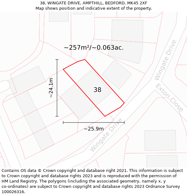 38, WINGATE DRIVE, AMPTHILL, BEDFORD, MK45 2XF: Plot and title map