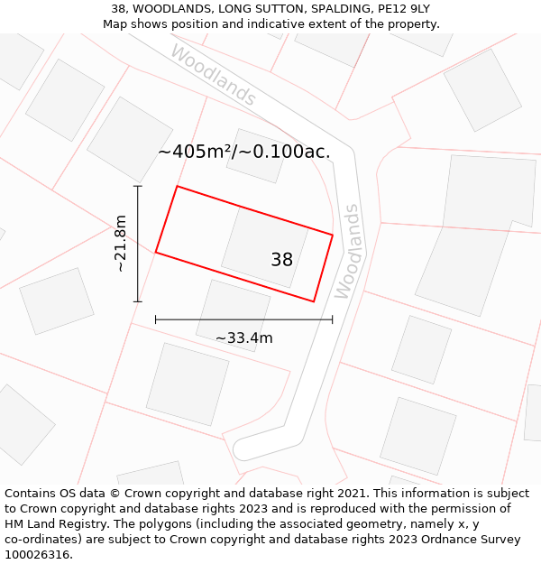 38, WOODLANDS, LONG SUTTON, SPALDING, PE12 9LY: Plot and title map