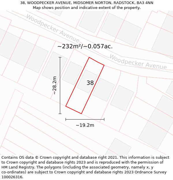 38, WOODPECKER AVENUE, MIDSOMER NORTON, RADSTOCK, BA3 4NN: Plot and title map