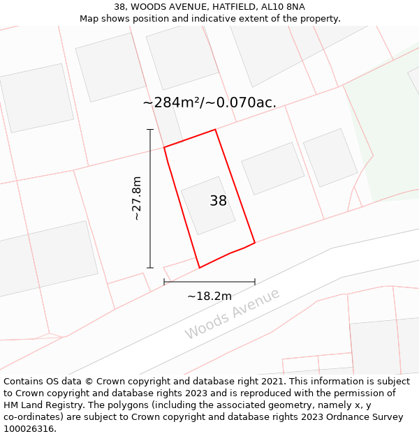 38, WOODS AVENUE, HATFIELD, AL10 8NA: Plot and title map