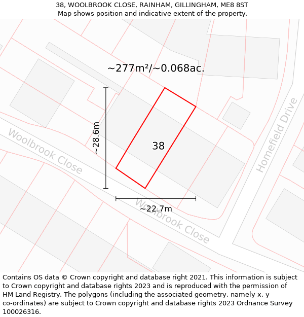 38, WOOLBROOK CLOSE, RAINHAM, GILLINGHAM, ME8 8ST: Plot and title map