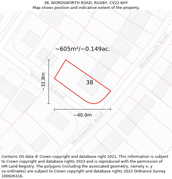 38, WORDSWORTH ROAD, RUGBY, CV22 6HY: Plot and title map