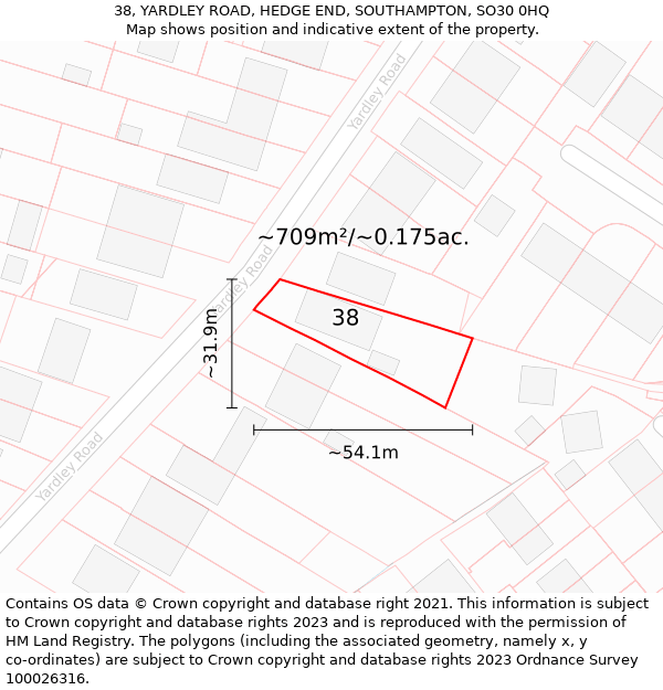 38, YARDLEY ROAD, HEDGE END, SOUTHAMPTON, SO30 0HQ: Plot and title map