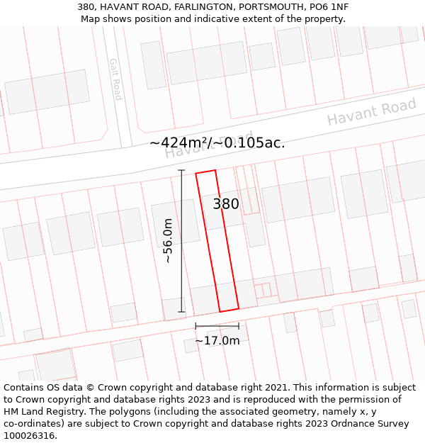 380, HAVANT ROAD, FARLINGTON, PORTSMOUTH, PO6 1NF: Plot and title map