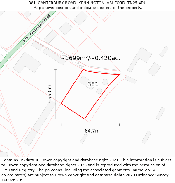 381, CANTERBURY ROAD, KENNINGTON, ASHFORD, TN25 4DU: Plot and title map