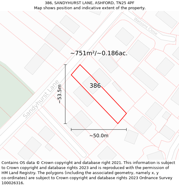386, SANDYHURST LANE, ASHFORD, TN25 4PF: Plot and title map