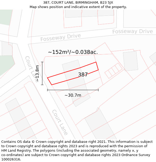 387, COURT LANE, BIRMINGHAM, B23 5JX: Plot and title map