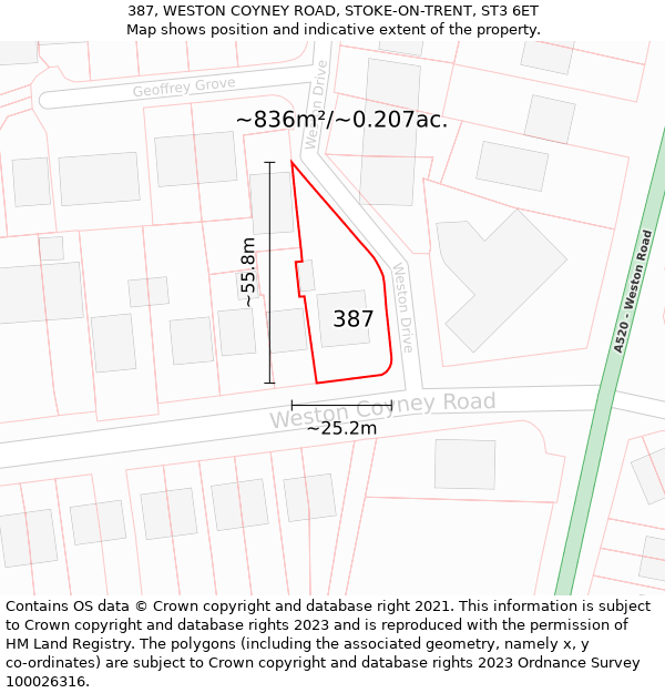 387, WESTON COYNEY ROAD, STOKE-ON-TRENT, ST3 6ET: Plot and title map